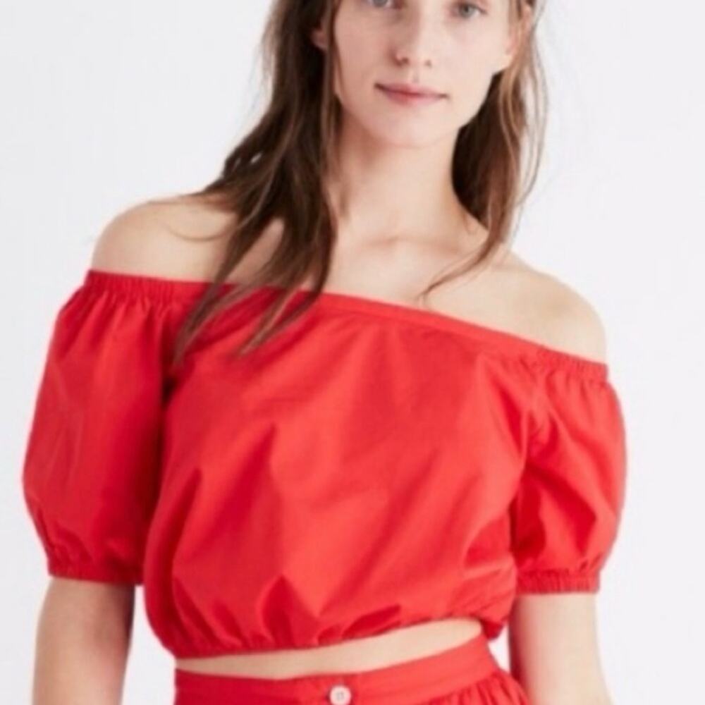 Madewell Red Off The Shoulder Crop Puff Sleeve Blouse Size Medium